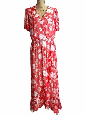 Kate & Lily Floral Faux Wrap Maxi Dress in Red and White EC. Size 14